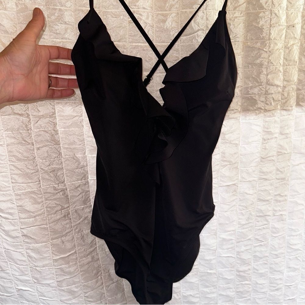W SWIM one piece, deep plunge ruffle black size 12